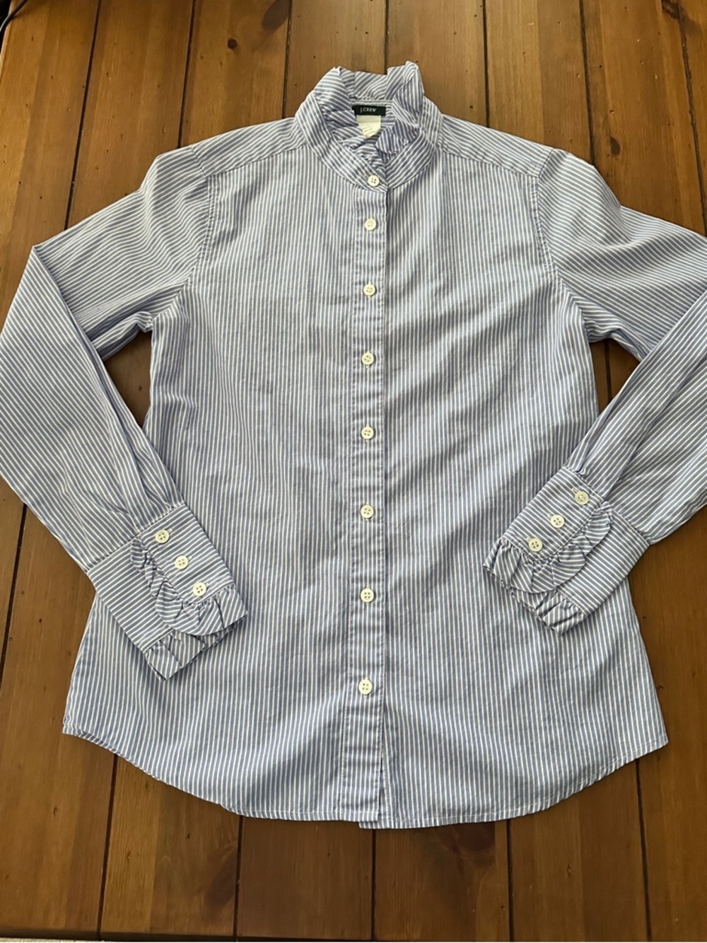 J. Crew Women’s Blue and White Striped Ruffle Button-Up Shirt
